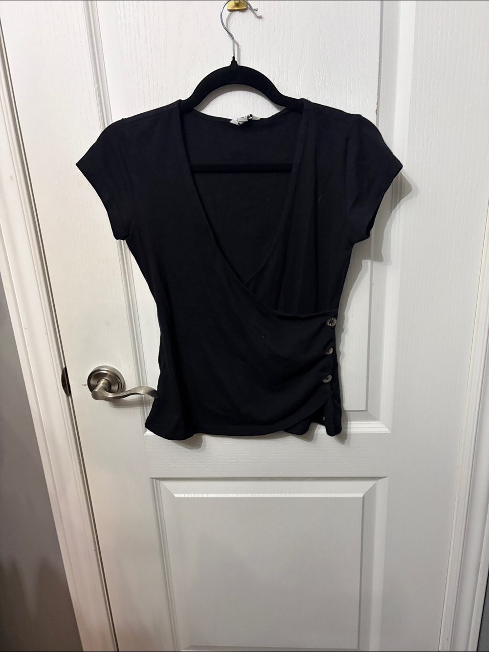 Guess Black Short-Sleeve Wrap Top with Side Buttons